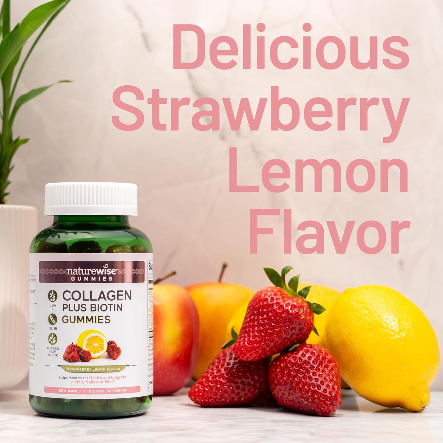 image:imageNatureWise Collagen Gummies  Hydrolyzed Collagen Gummies  Type 1 amp 3 Peptides for Women  Biotin Vitamin C E amp Zinc for Hair Skin and Nails Support  60 Count1Month SupplyStrawberry Lemon