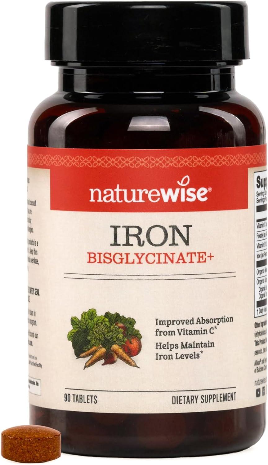 image:imageNatureWise Vegan Iron Supplement for Women amp Men Gentle on Stomach High Absorption Coated Iron Bisglycinate Tablets Vitamin C Methyl B12 Folate amp Organic Food Blend 30 Tablets30Day SupplyUnflavored