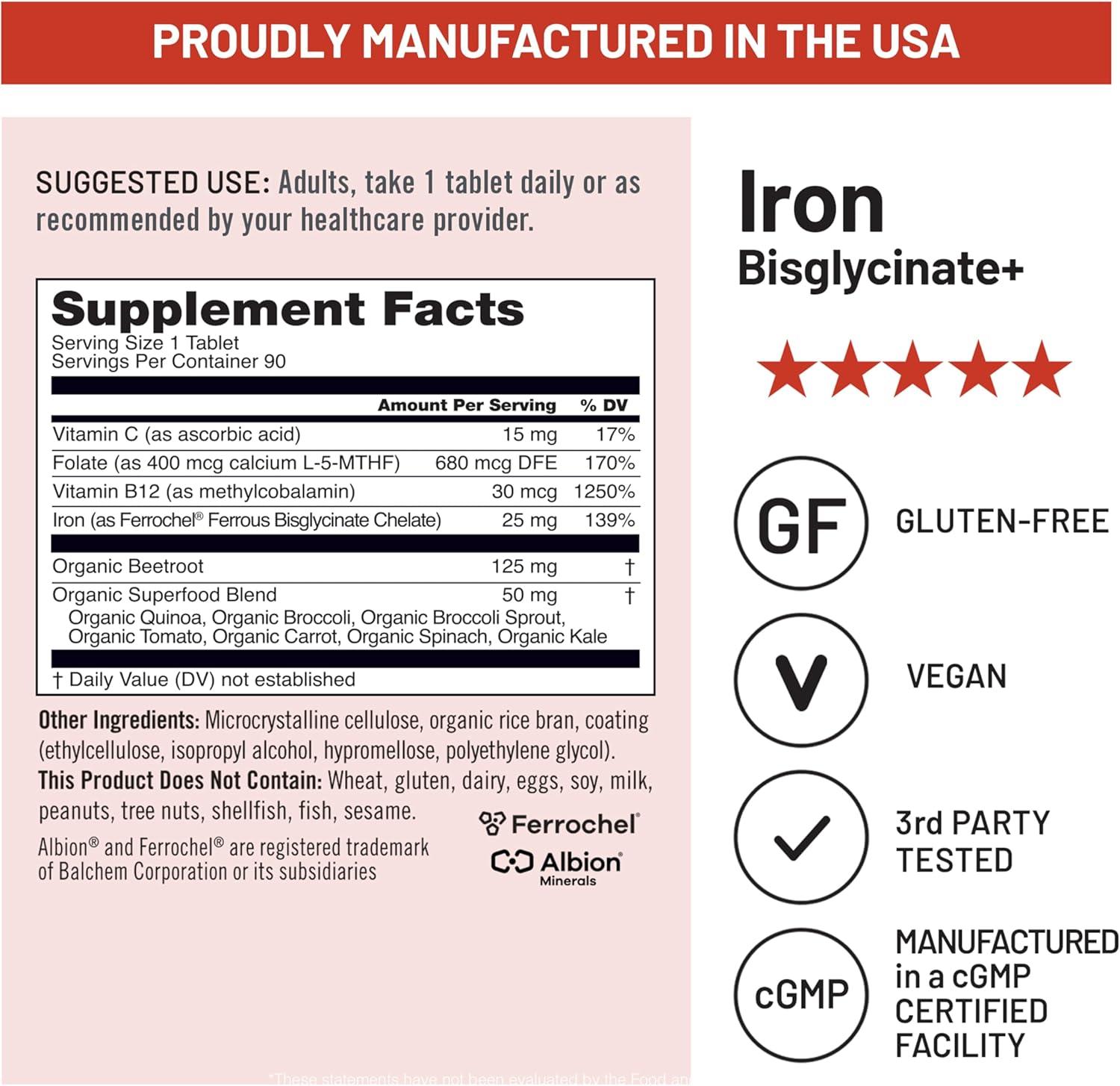 image:imageNatureWise Vegan Iron Supplement for Women amp Men Gentle on Stomach High Absorption Coated Iron Bisglycinate Tablets Vitamin C Methyl B12 Folate amp Organic Food Blend 30 Tablets30Day SupplyUnflavored