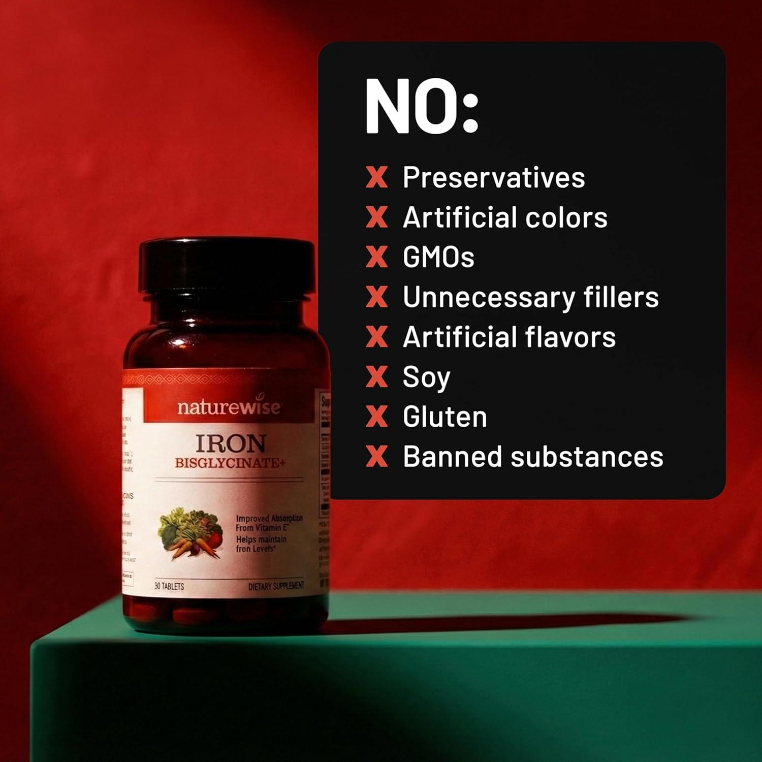 image:imageNatureWise Vegan Iron Supplement for Women amp Men Gentle on Stomach High Absorption Coated Iron Bisglycinate Tablets Vitamin C Methyl B12 Folate amp Organic Food Blend 30 Tablets30Day SupplyUnflavored