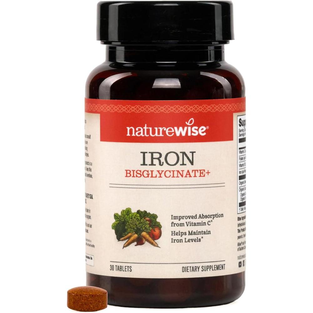 image:imageNatureWise Vegan Iron Supplement for Women amp Men Gentle on Stomach High Absorption Coated Iron Bisglycinate Tablets Vitamin C Methyl B12 Folate amp Organic Food Blend 30 Tablets30Day SupplyUnflavored