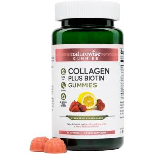 NatureWise Collagen Gummies – Hydrolyzed Collagen Gummies – Type 1 & 3 Peptides for Women + Biotin, Vitamin C, E, & Zinc for Hair Skin and Nails Support – 60 Count[1-Month Supply](Strawberry Lemon)