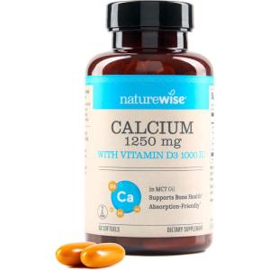 NatureWise High-Purity, All-Natural Calcium 1250mg + Vitamin D3 1000IU + Organic MCT Coconut Oil – Pregnancy Safe + Non-GMO – Absorption Friendly, Gluten Free – 60 Softgels[30-Day Supply](Unflavored)
