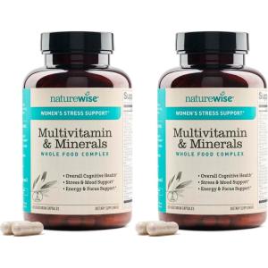 NatureWise Multivitamin for Women + Stress Support with Organic Whole Foods & Natural Minerals – B-Complex + Vitamin C + D3 K2 for Immunity, Hair, Skin & Nails – Non-GMO – 60 Capsules[30-Day Supply](60 Count (Pack of 2))