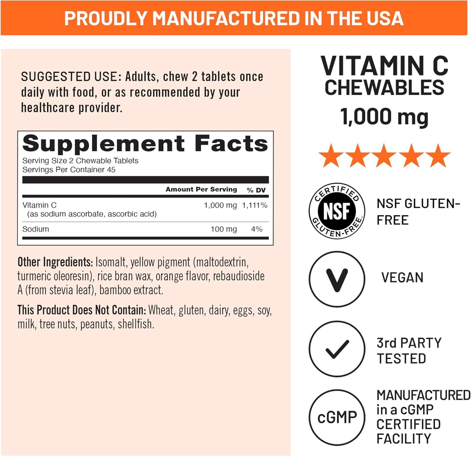 image:imageNatureWise Extra Strength Vitamin C Chewable 1000mg for Adults Natural Orange Flavor Immune System amp Antioxidant Support NonGMO Vegan amp Sugar Free 90 Chewable Tablets45Day SupplyOrange