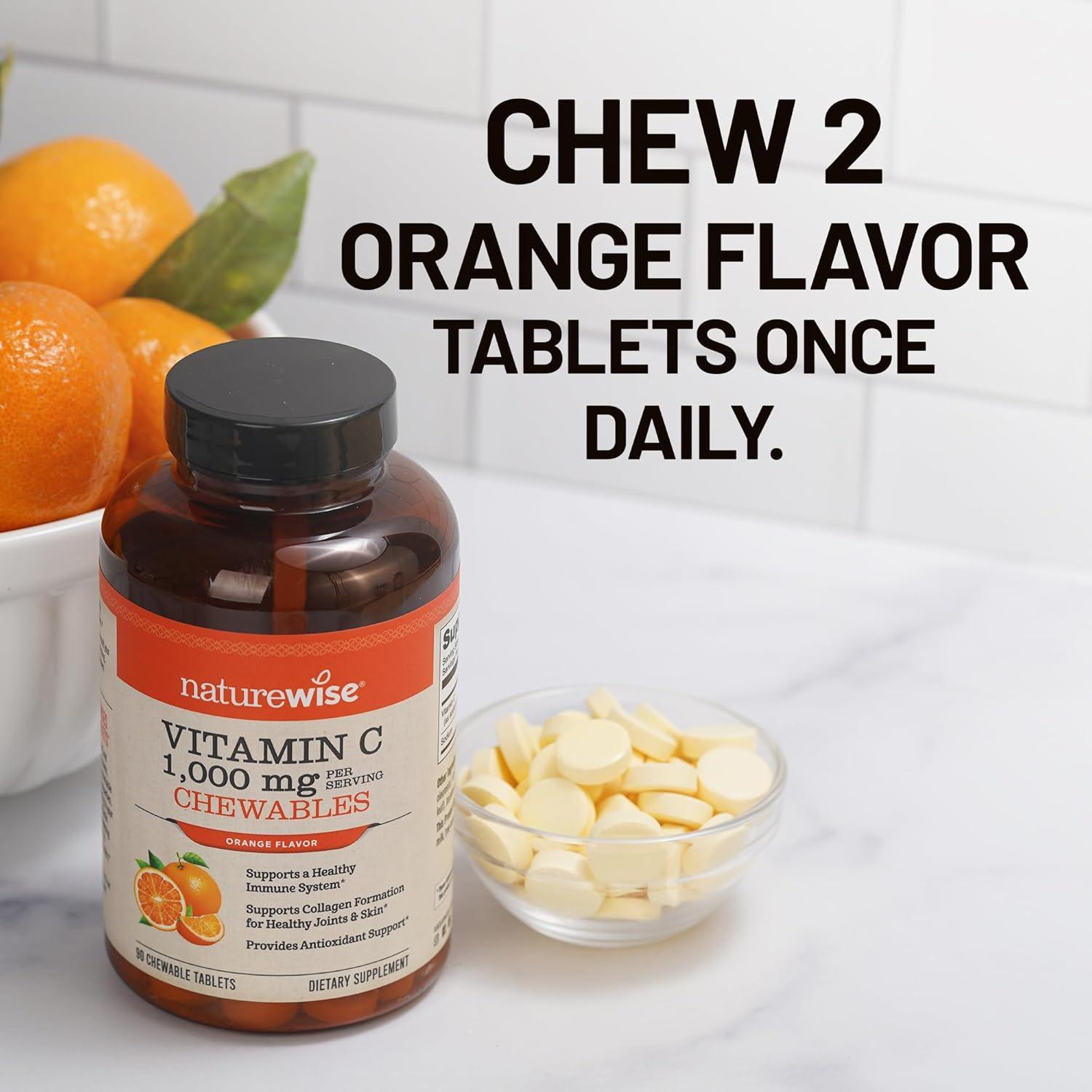 image:imageNatureWise Extra Strength Vitamin C Chewable 1000mg for Adults Natural Orange Flavor Immune System amp Antioxidant Support NonGMO Vegan amp Sugar Free 90 Chewable Tablets45Day SupplyOrange
