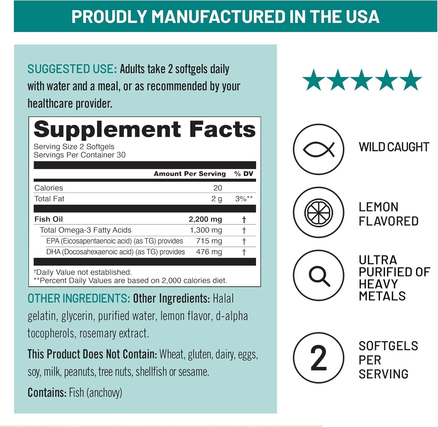 image:imageNatureWise Ultra Omega 3 Fish Oil 2200 mg 1300 mg Omega3 Triglyceride Form Lemon Flavor WildCaught Fish Oil EPA amp DHA Burpless NonGMO 60 Softgels1Month Supply60 Count Pack of 1