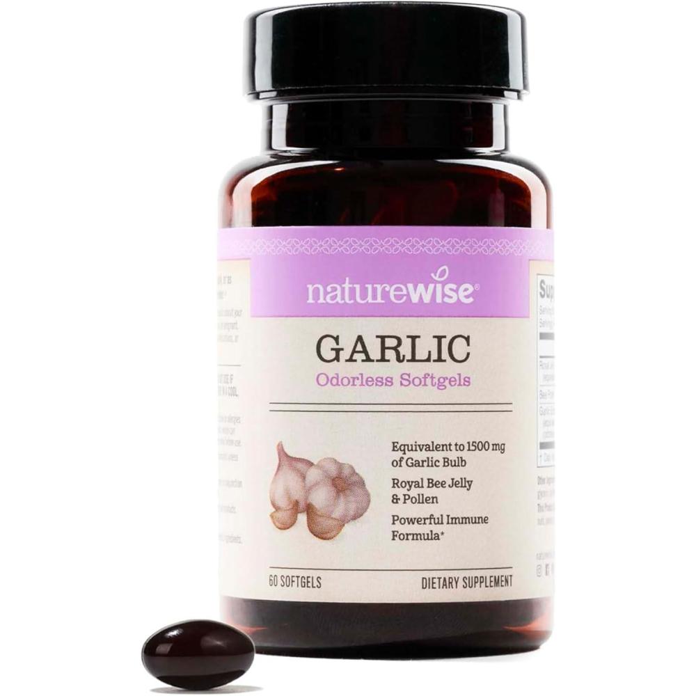 image:imageNatureWise Odorless Garlic Pills  with Royal Bee Jelly amp Pollen  Herbal Supplement for Heart Health  Immune System  Antioxidants  Gluten Free NonGMO  60 Softgels 2Month Supply