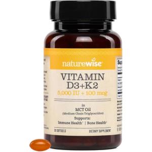 NatureWise Vegan Vitamin D3 + K2 in Organic Coconut MCT Oil – Natural D3 10000IU + Natural K2 200mcg – High Absorption Bone Support – Non-GMO – USA Manufactured – 30 Softgels[30-Day Supply](5000IU)