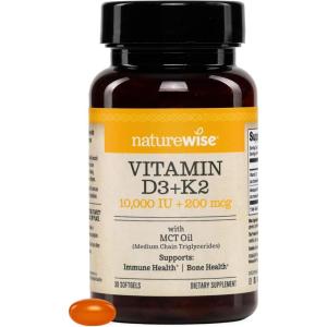 NatureWise Vegan Vitamin D3 + K2 in Organic Coconut MCT Oil – Natural D3 10000IU + Natural K2 200mcg – High Absorption Bone Support – Non-GMO – USA Manufactured – 30 Softgels[30-Day Supply](10000IU)