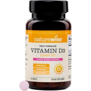 NatureWise Vitamin D3 5000 IU Sublingual Tablets – Fast Dissolve D3 for Immune & Bone Support – Berry Flavor – Sugar Free, Non-GMO, Gluten Free, USA Manufactured – [90 Tablets – 90-Day Supply]