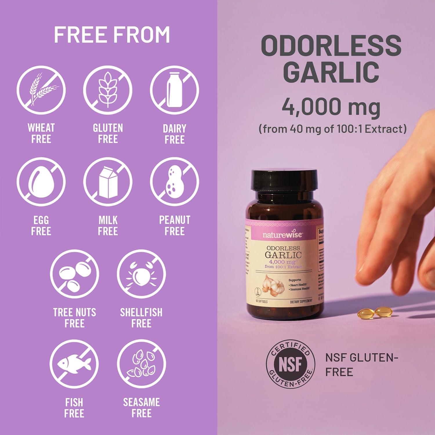 image:imageNatureWise Odorless Garlic Supplement 4000mg Ultra Potent 1001 Extract Healthy Cholesterol Formula Heart Health Support NonGMO Gluten Free with Halal Gelatin 60 Count30Day Supply180 Count Pack of 1