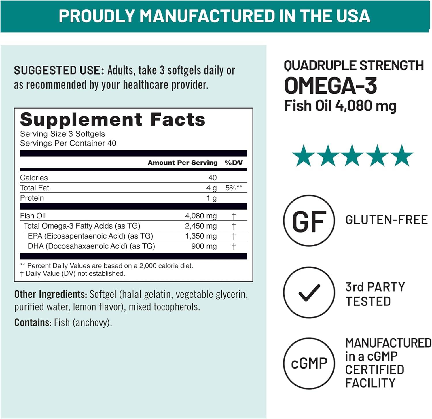image:imageNatureWise Quadruple Strength Omega 3 Fish Oil 4080mg Natural TG Form Wild Caught 2450mg Omega 3 1350mg EPA 900mg DHA Burpless NonGMO amp USA Manufactured 120 Softgels40 Day Supply