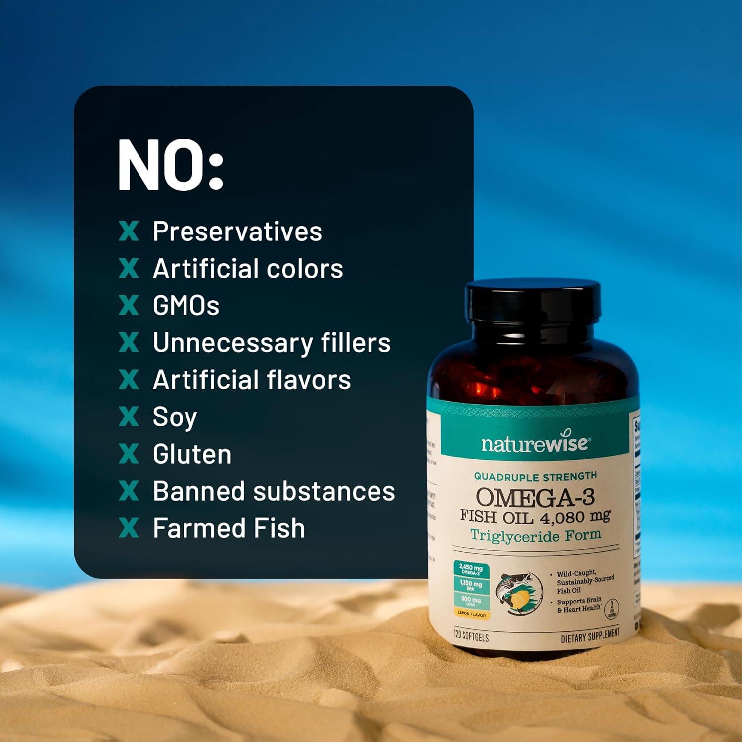image:imageNatureWise Quadruple Strength Omega 3 Fish Oil 4080mg Natural TG Form Wild Caught 2450mg Omega 3 1350mg EPA 900mg DHA Burpless NonGMO amp USA Manufactured 120 Softgels40 Day Supply