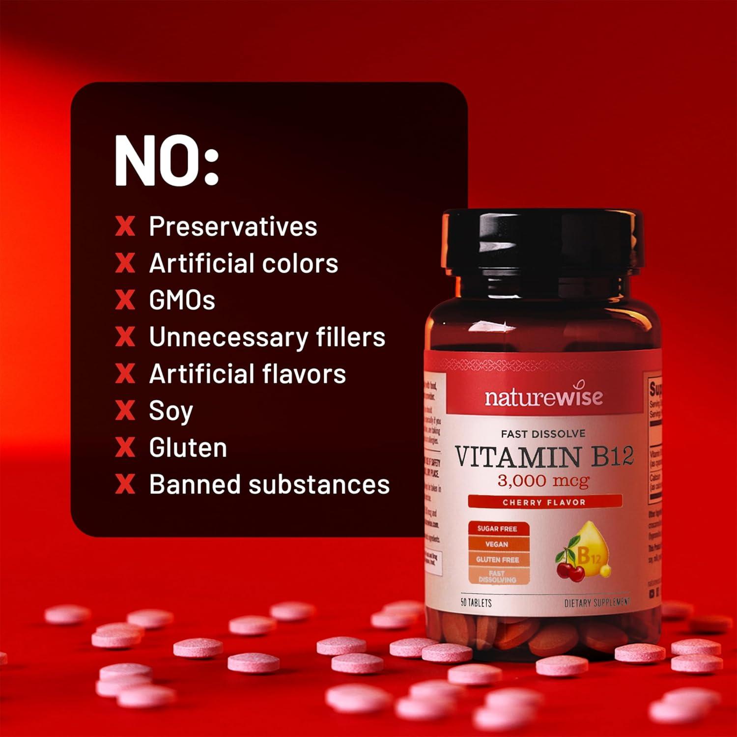 image:imageNatureWise Vitamin B12 3000 mcg Sublingual Tablets Fast Dissolve B12 for Energy amp Metabolism Support Cherry Flavor Vegan NonGMO Gluten Free USA Manufactured 50 Tablets 50Day Supply