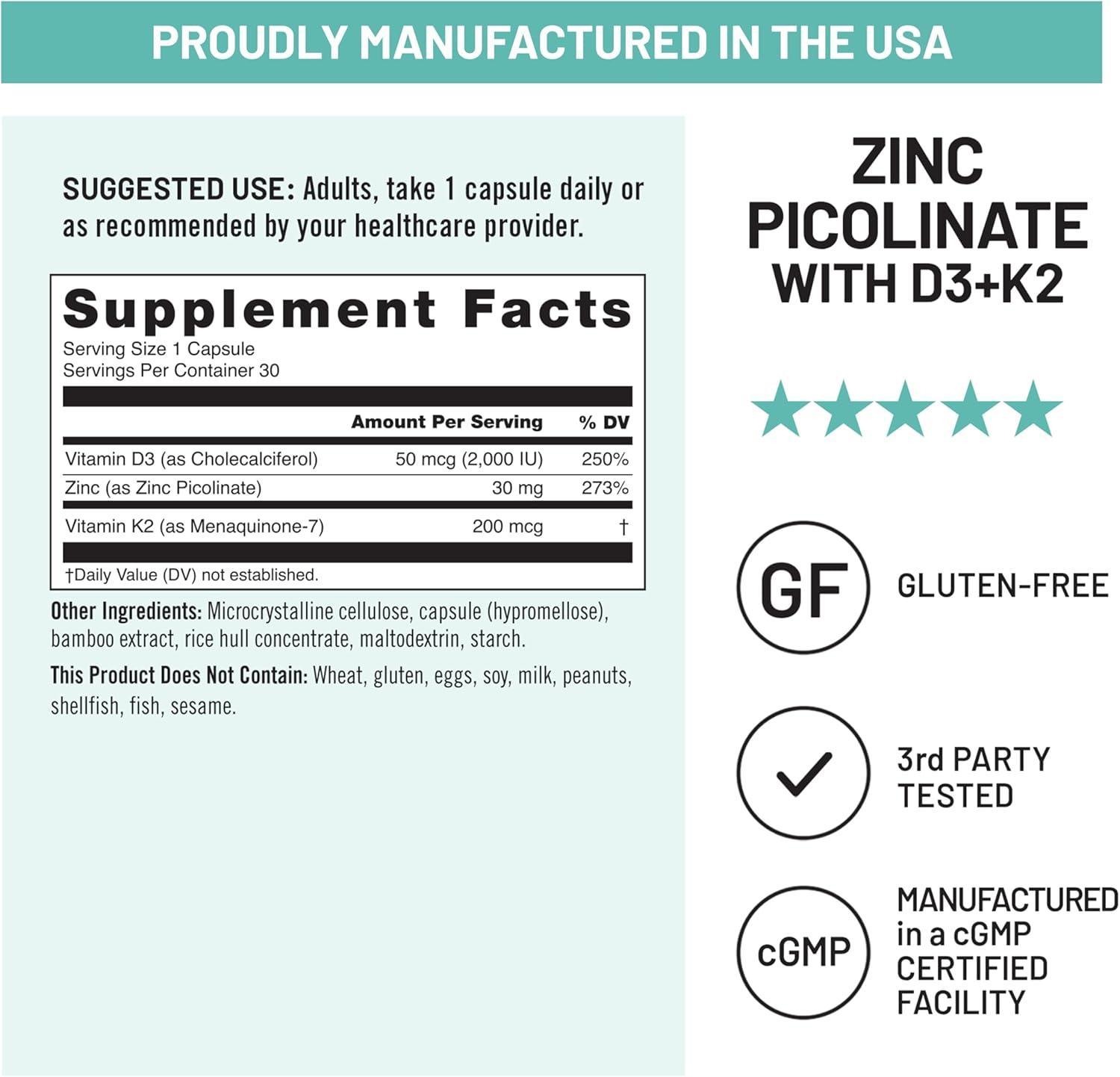 image:imageNatureWise Zinc Picolinate with D3 K2 Zinc Supplements for Men amp Women Vitamin D3 K2 Supports Immune amp Bone Health NonGMO Gluten Free USA Manufactured 30 Capsules30 Day SupplyUnflavored