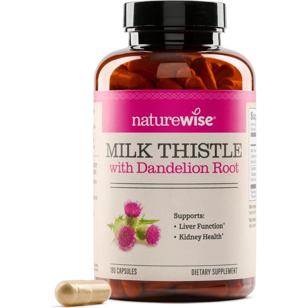 image:imageNatureWise Milk Thistle with Dandelion Root Silymarin Antioxidant Liver amp Kidney Health Support Supplement Vegan NonGMO Gluten Free 60 Count60Day Supply180 Count Pack of 1