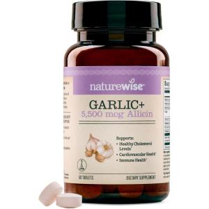 NatureWise Garlic Extract 5,500 mcg Allicin Supplement – Healthy Cholesterol & Blood Pressure Formula + Vitamins B & C – Vegan Tablets w/Enteric Coating, Non-GMO, Gluten-Free, 60 Count [30-Day Supply]