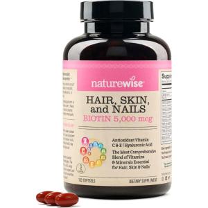 NatureWise Hair Skin and Nails Vitamin, Biotin 5000mcg w/Hyaluronic Acid, Collagen for Women with C, B Complex, D3, A, E, Iron – Non-GMO, Gluten Free – 150 Softgels[50-Day Supply](150 Count (Pack of 1))