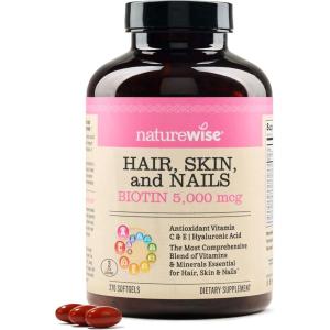 NatureWise Hair Skin and Nails Vitamin, Biotin 5000mcg w/Hyaluronic Acid, Collagen for Women with C, B Complex, D3, A, E, Iron – Non-GMO, Gluten Free – 150 Softgels[50-Day Supply](270 Count (Pack of 1))