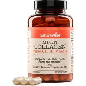 NatureWise Multi Collagen Peptides Pills for Women & Men – Type I, II, III, V, X w/Hyaluronic Acid – Supports Skin, Hair, Joint Health* – Grass Fed, Gluten Free, Non-GMO – 90 Capsules[30 Day Supply]