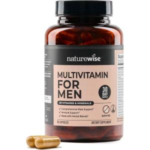 NatureWise Multivitamin for Men – Daily Male Support – Minerals & Herbs for Energy, Performance, Immunity – with Vitamin A, C, D, B-Complex – Soy & Gluten-Free, Non-GMO – 60 Capsules[1-Month Supply](Unflavored)