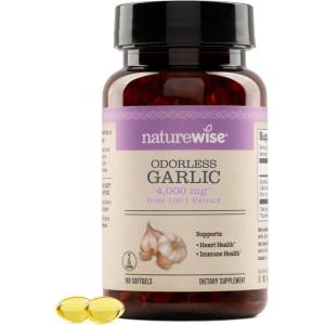 NatureWise Odorless Garlic Supplement 4000mg – Ultra Potent 100:1 Extract – Healthy Cholesterol Formula, Heart Health Support – Non-GMO, Gluten Free, with Halal Gelatin – 60 Count[30-Day Supply](180 Count (Pack of 1))