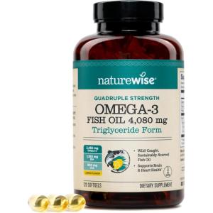 NatureWise Quadruple Strength Omega 3 Fish Oil 4080mg- Natural TG Form + Wild Caught – 2450mg Omega 3 + 1350mg EPA 900mg DHA – Burpless – Non-GMO & USA Manufactured – 120 Softgels[40 Day Supply]