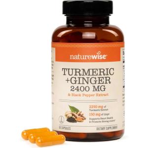 NatureWise Turmeric Curcumin + Ginger 2400 mg – Ultra High Curcuminoids 2100 mg – Turmeric Extract + Ginger – Extra Strength & Absorption – Vegan, Non-GMO – 90 Count[30-Day Supply]