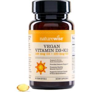 NatureWise Vegan Vitamin D3 + K2 – Natural D3 5000IU + Natural Vitamin K2 100mcg – Bone Support – High Absorption with Organic Cold-Pressed Olive Oil – Non-GMO(60 Count (Pack of 1))