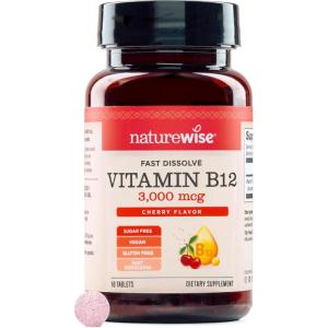 NatureWise Vitamin B12 3000 mcg Sublingual Tablets – Fast Dissolve B12 for Energy & Metabolism Support – Cherry Flavor – Vegan, Non-GMO, Gluten Free, USA Manufactured – [50 Tablets – 50-Day Supply]