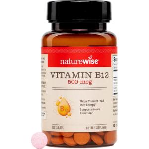 NatureWise Vitamin B12 500 mcg – B12 Supplement for Energy + Mental Clarity & Nervous System Support – Easy-to-Swallow, Vegan & Non-GMO – USA Manufactured – 100 Tablets[100-Day Supply]