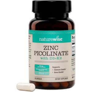 NatureWise Zinc Picolinate with D3 + K2 – Zinc Supplements for Men & Women + Vitamin D3 K2 – Supports Immune & Bone Health* – Non-GMO, Gluten Free, USA Manufactured – 30 Capsules[30 Day Supply](Unflavored)