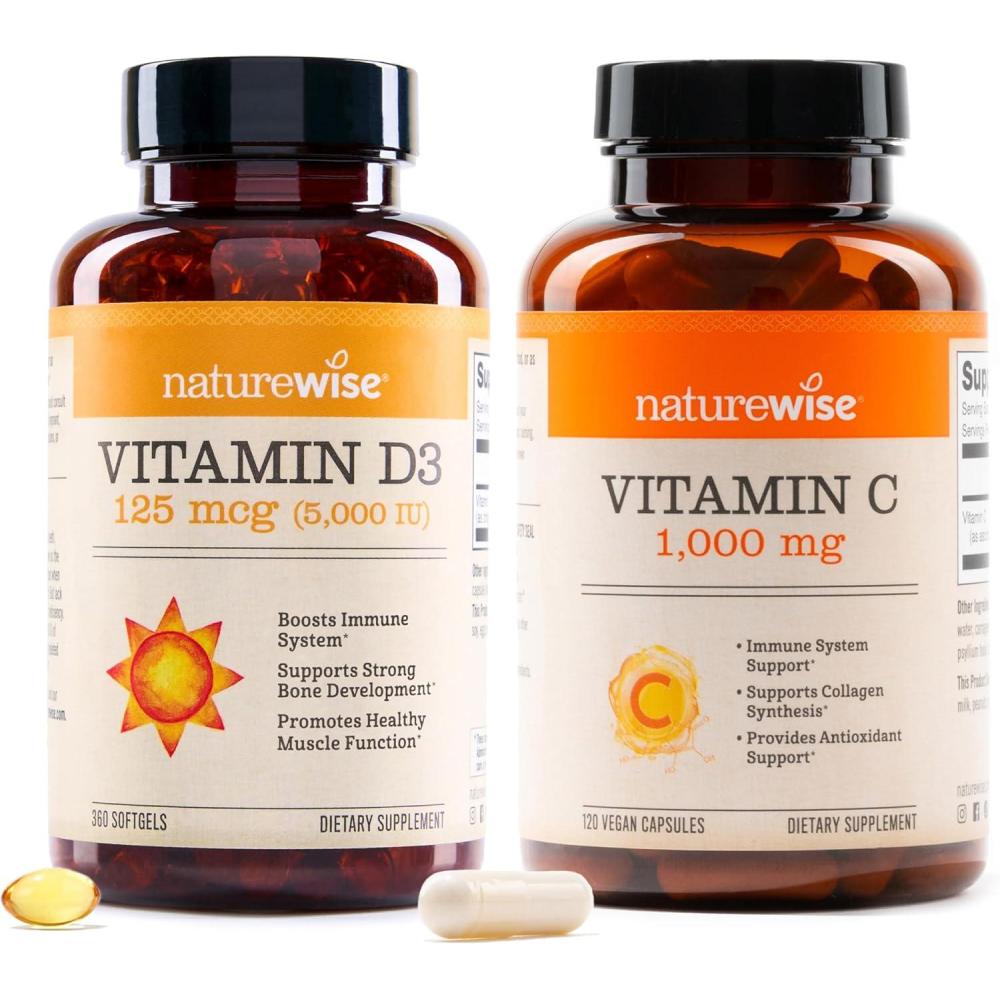 image:imageNatureWise Vitamin D3 5000IU 125mg 360 Count  Vitamin C 1000mg Capsules 120 Count  Bundle for Daily Immune amp Heart Health  Gluten Free NonGMO Halal Gelatin