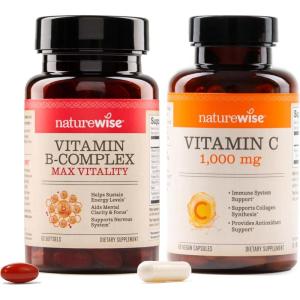 NatureWise B Complex Vitamins with Folic Acid 60 Count + Extra Strength Vitamin C 1000mg Capsules 60 Count – Bundle for Immune, Energy Levels, Heart Health Support – Soy, Dairy, Gluten Free, Non-GMO