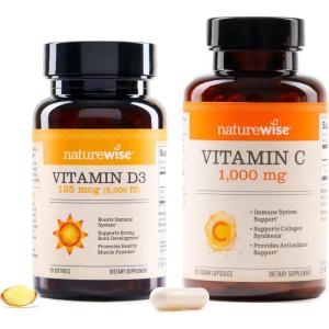 NatureWise Vitamin D3 5000IU (125mg) 90 Count + Extra Strength Vitamin C 1000mg Capsules 60 Count – Bundle for Daily Immune Support, Bone & Heart Health – Gluten Free, Non-GMO