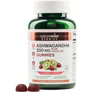 NatureWise Ashwagandha Gummies – Strawberry Kiwi – KSM-66 with Vitamin D3 – Calming Mood Support – Vegetarian – Non-GMO, Gelatin and Gluten Free – 60 Count[1-Month Supply]