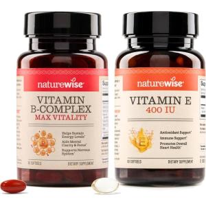 NatureWise B Complex Vitamins with Folic Acid 60 Count + Vitamin E 400 IU (180mg DL-Alpha) 60 Count – Bundle for Immune, Energy, Heart Health Support – Soy, Dairy, Gluten Free, Non-GMO, Halal Gelatin