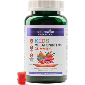 Naturewise Kids Melatonin Gummies 1 mg – Drug-Free, Non-Habit Forming Sleep Aid for Children Ages 4 & Up – Strawberry Flavored Gummy Bears – Vegan, Gluten Free, Non-GMO – 60 Count[2-Month Supply]