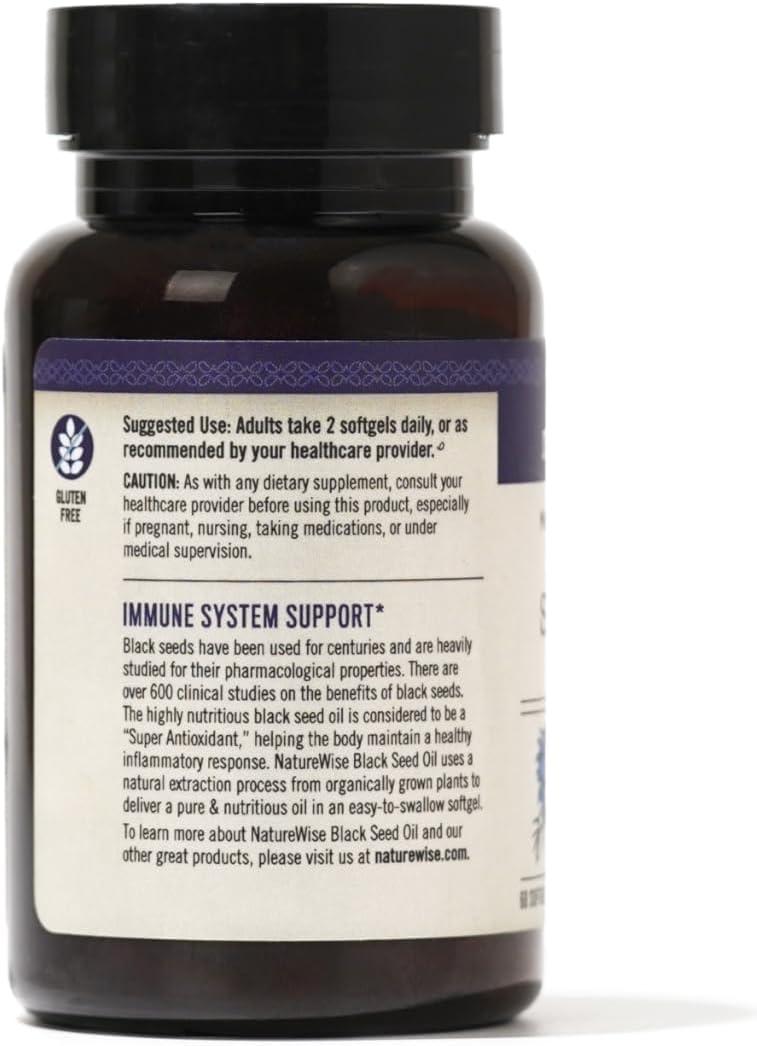image:imageNatureWise Black Seed Oil Softgels 1250 mg with 100 Organic Cold Pressed Nigella Sativa Omega 3 6 9 Antioxidant Immune Support Hair amp Skin NonGMO GlutenFree 60 Softgels1Month Supply