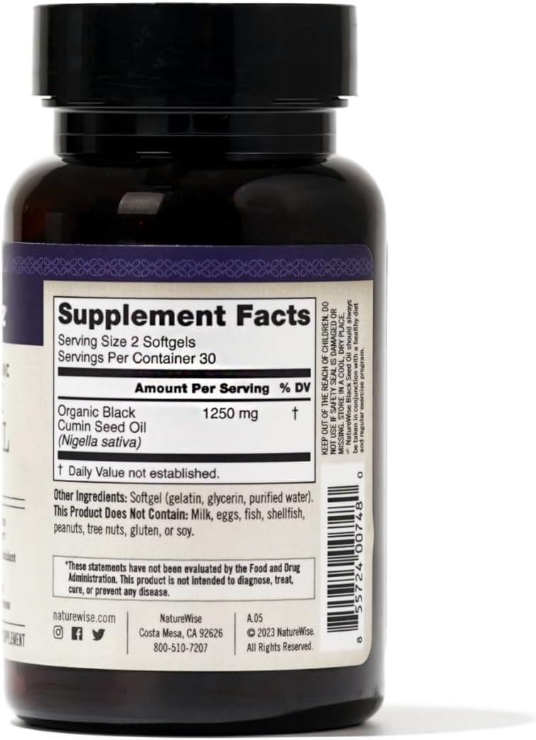 image:imageNatureWise Black Seed Oil Softgels 1250 mg with 100 Organic Cold Pressed Nigella Sativa Omega 3 6 9 Antioxidant Immune Support Hair amp Skin NonGMO GlutenFree 60 Softgels1Month Supply