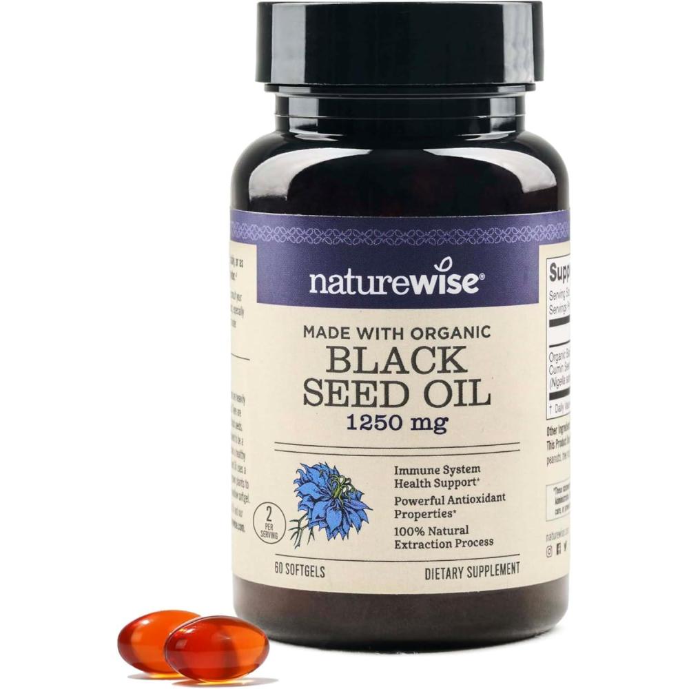 image:imageNatureWise Black Seed Oil Softgels 1250 mg  with 100 Organic Cold Pressed Nigella Sativa  Omega 3 6 9  Antioxidant Immune Support Hair amp Skin  NonGMO GlutenFree  60 Softgels1Month Supply