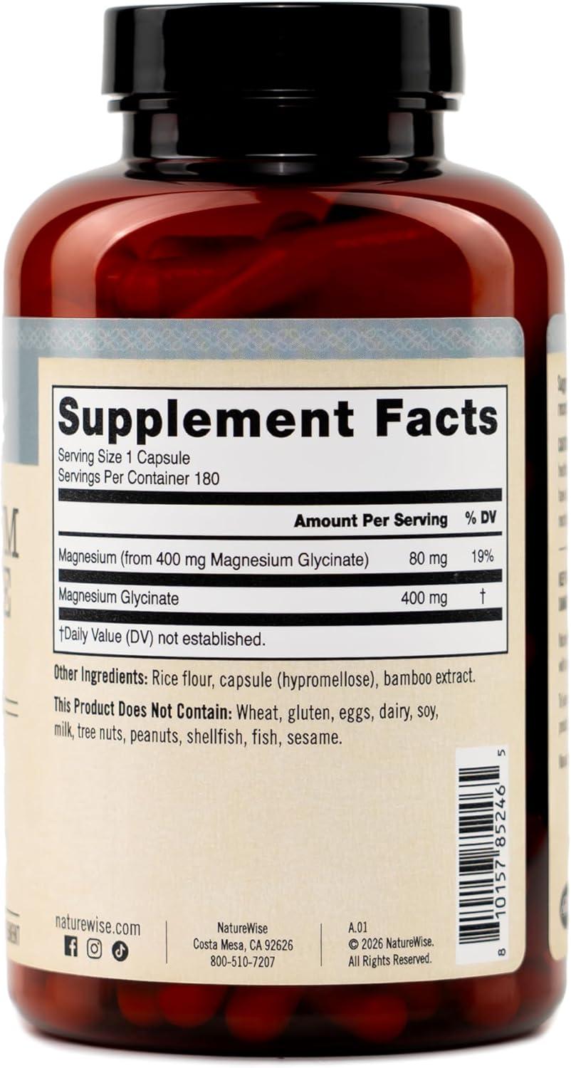 image:imageNatureWise Magnesium Glycinate 400 mg High Absorption Chelated Magnesium Glycinate for Sleep Relaxation Muscle amp Bones Gentle on Stomach Vegan NonGMO 90 Capsules90Day SupplyUnflavored