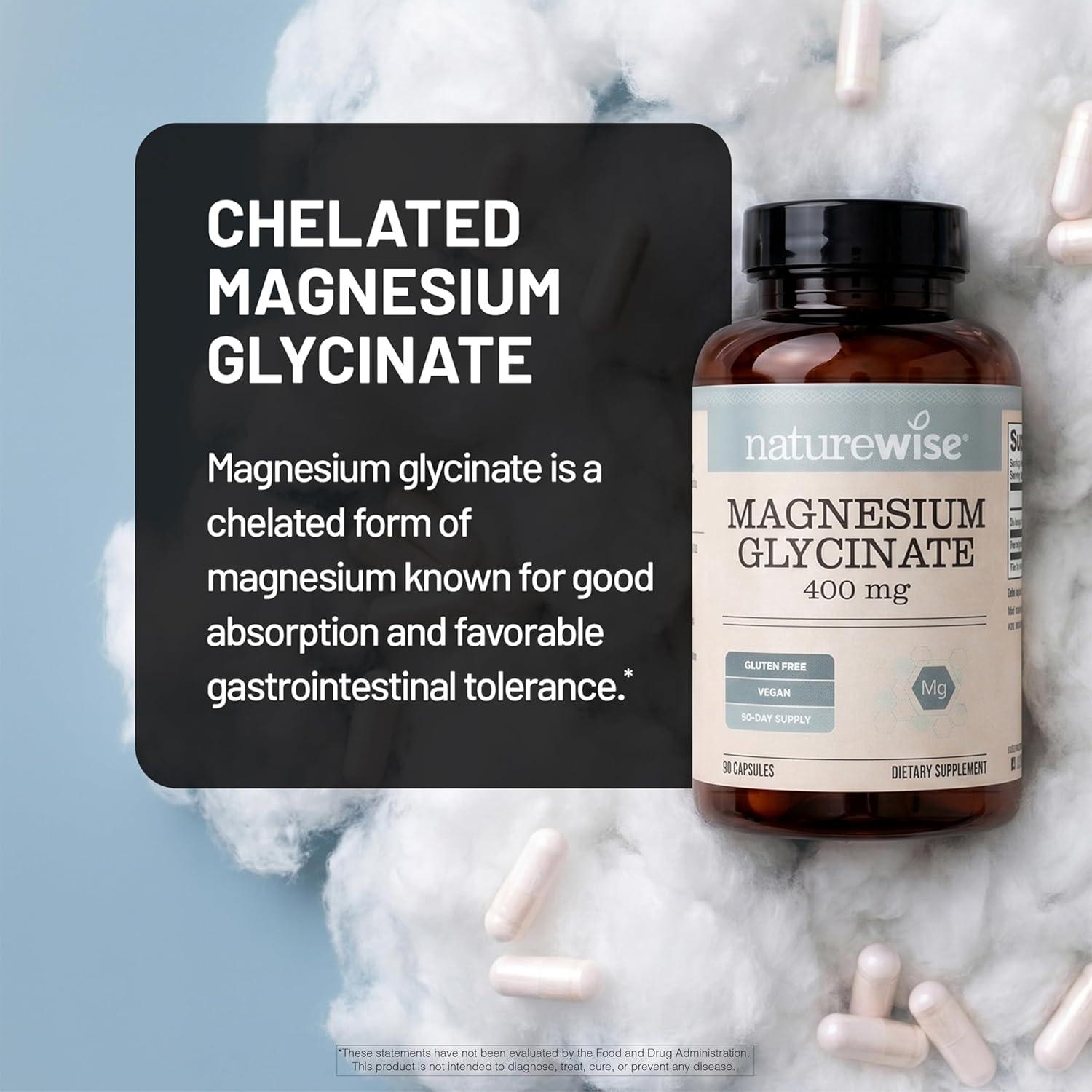 image:imageNatureWise Magnesium Glycinate 400 mg High Absorption Chelated Magnesium Glycinate for Sleep Relaxation Muscle amp Bones Gentle on Stomach Vegan NonGMO 90 Capsules90Day SupplyUnflavored