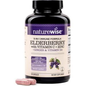 NatureWise Elderberry Vitamin C and Zinc for Adults – Sambucus Black Elderberry and Ginger & Vitamin D3 5000IU – 5 in 1 Immune Support – Non-GMO – USA Manufactured – 120 Veggie Capsules[60-Day Supply]