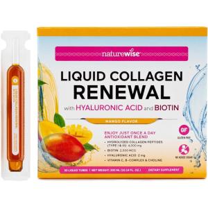 NatureWise Hydrolyzed Liquid Collagen for Women & Men 4000mg – No Added Sugar – Multi Collagen Peptides + Biotin + Vitamin C + Vitamin B Complex & Hyaluronic Acid – Mango – 30 Tubes[30 Day Supply]